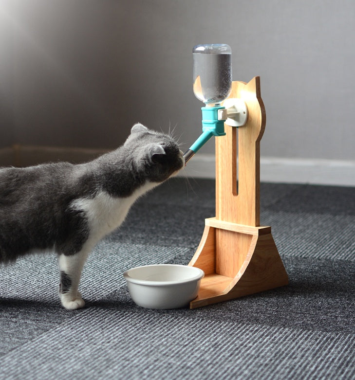 Cat Water Fountain with Bamboo & Oak Wood Holder | Automatic Pet Drinking Dispenser