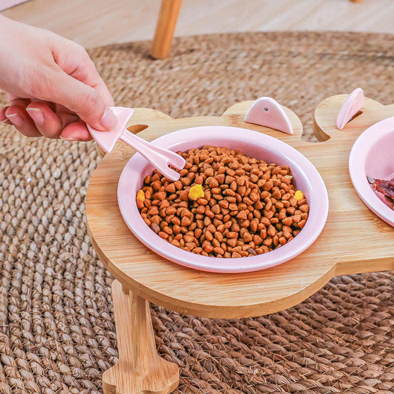 Elevated Ceramic Pet Bowl with Wooden Stand – Single & Double Feeding Bowl for Cats & Dogs