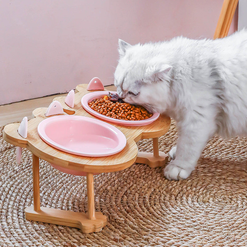 Elevated Ceramic Pet Bowl with Wooden Stand – Single & Double Feeding Bowl for Cats & Dogs