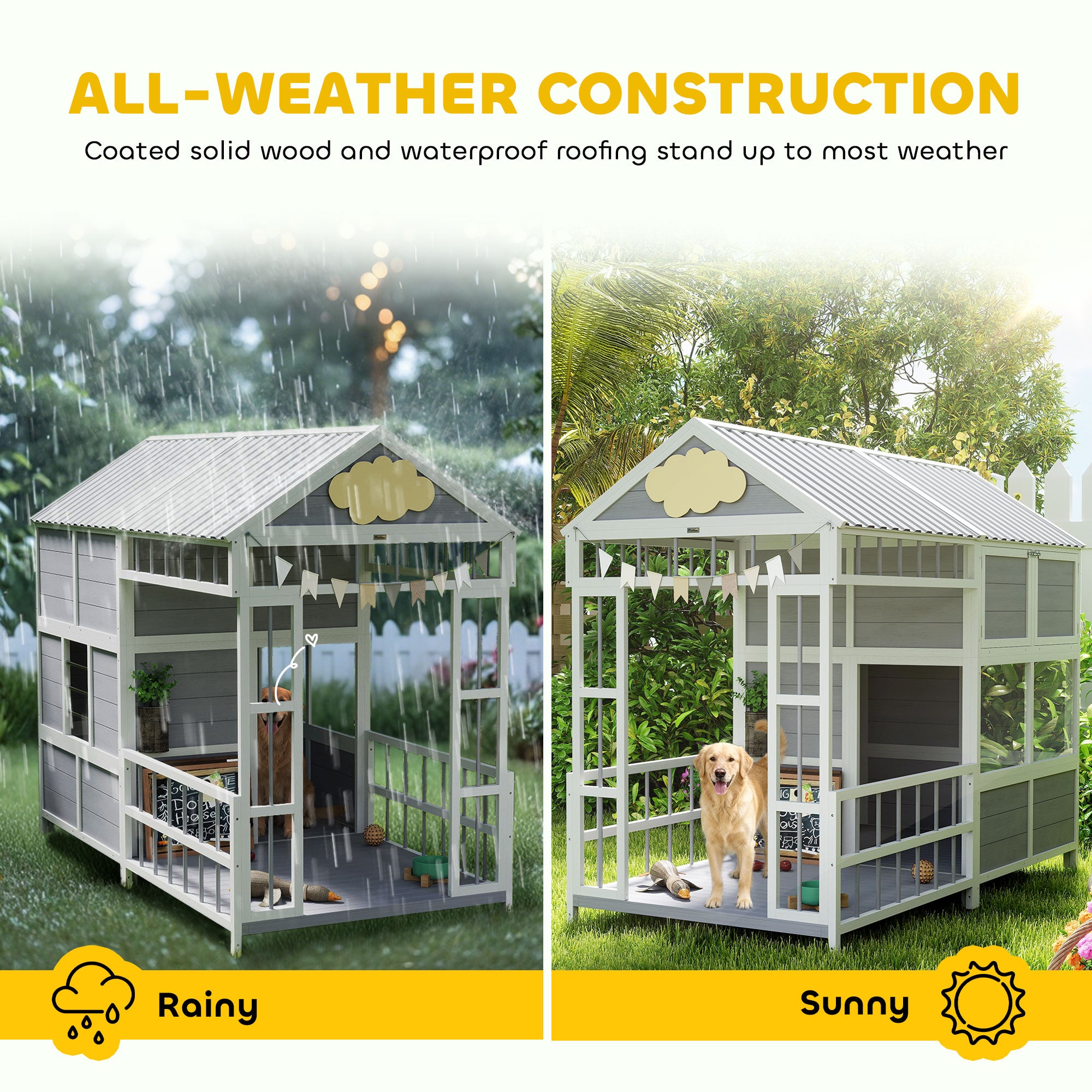 Large Outdoor Wooden Dog House with Porch Storage Cabinet & Windows