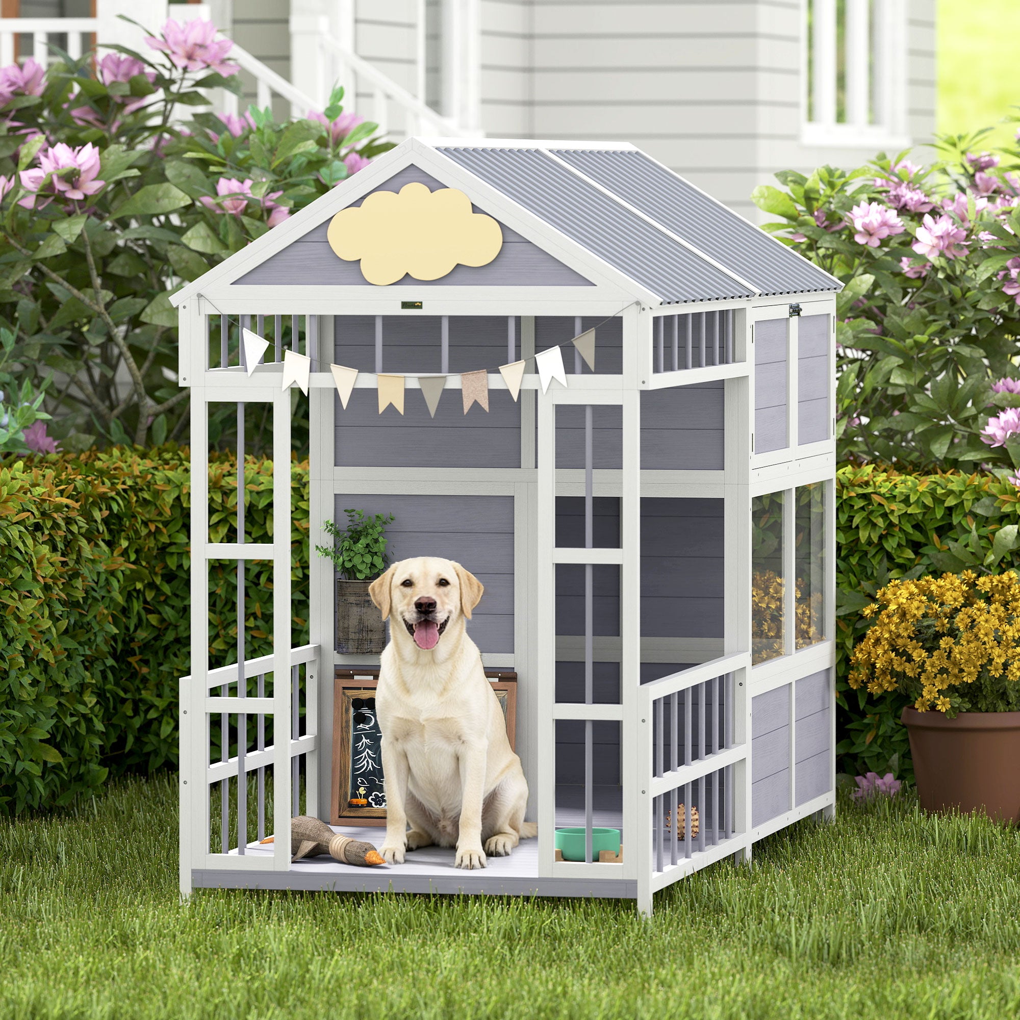 Large Outdoor Wooden Dog House with Porch Storage Cabinet & Windows