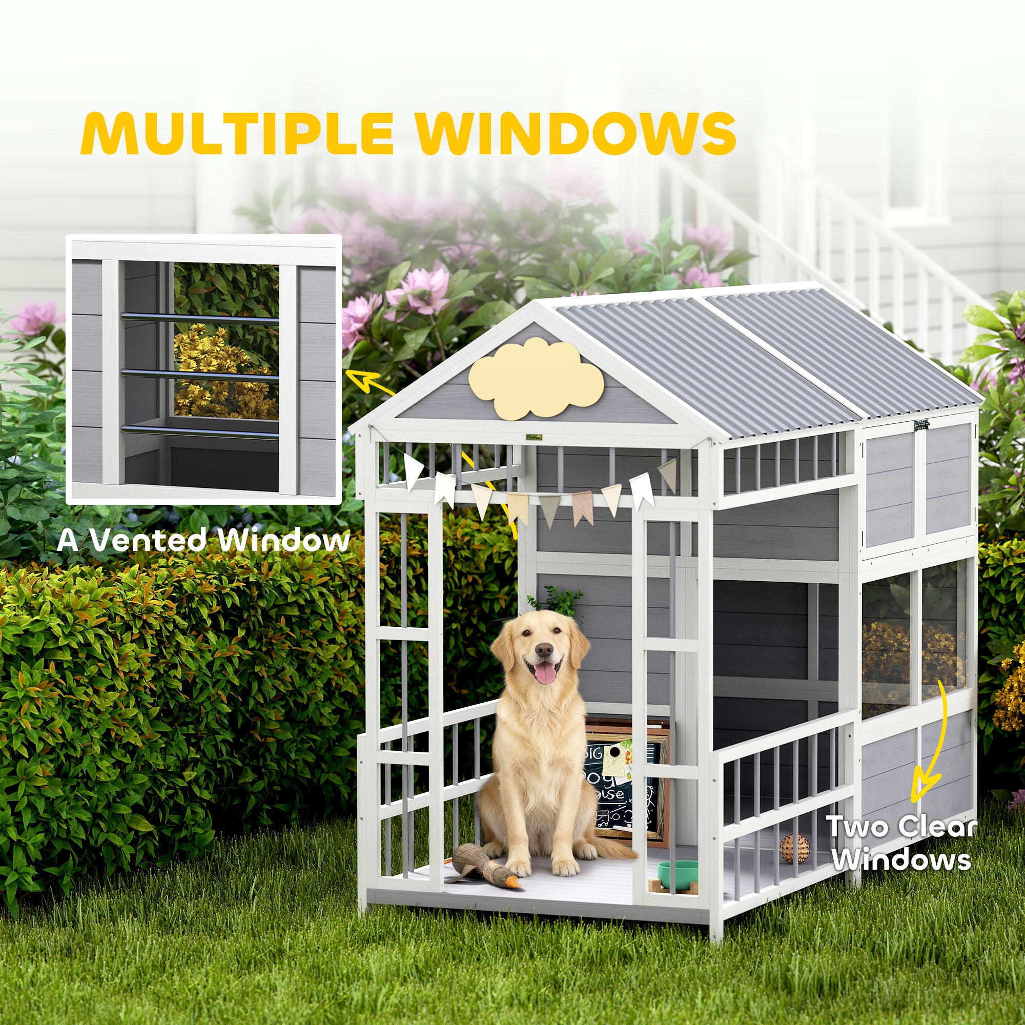 Large Outdoor Wooden Dog House with Porch Storage Cabinet & Windows
