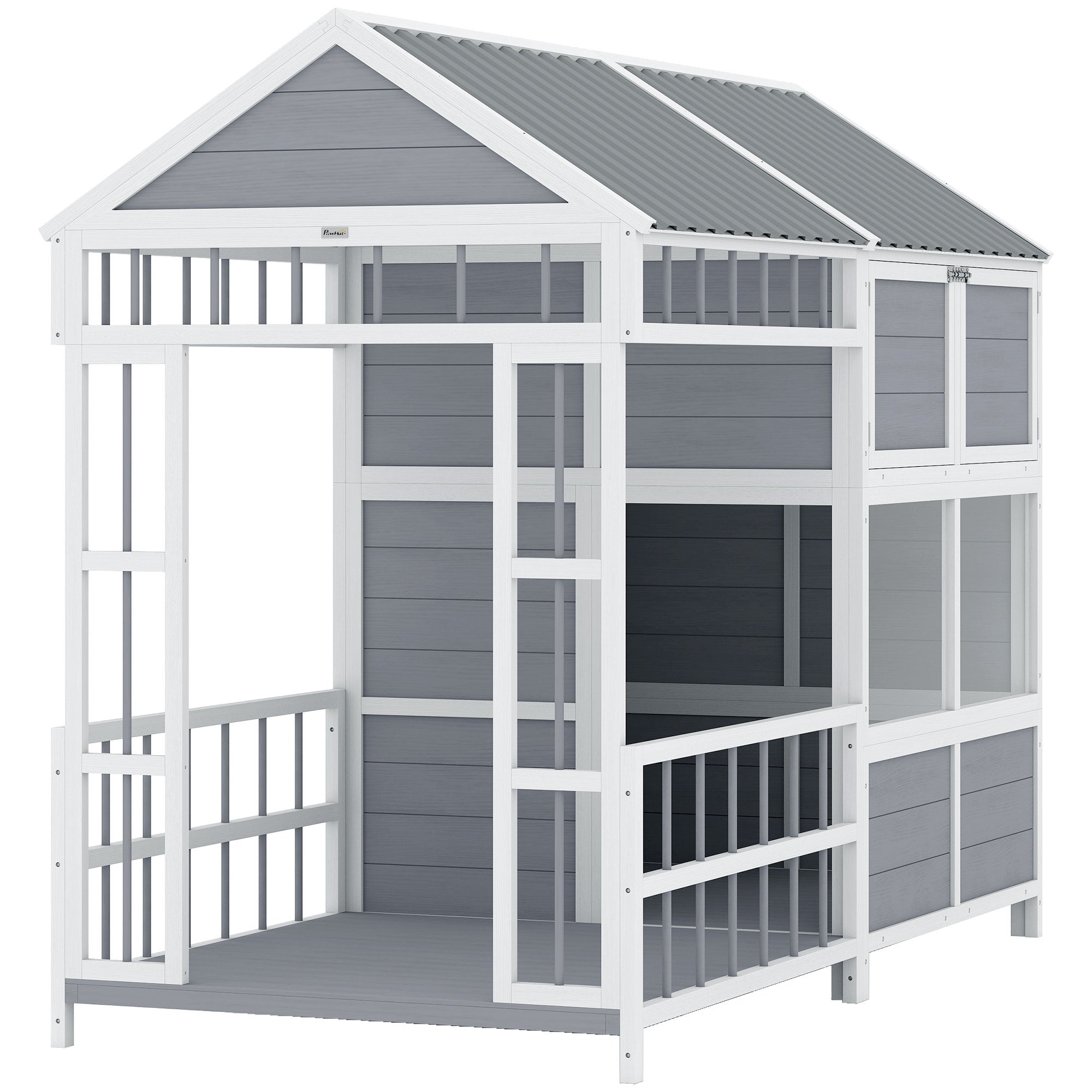 Large Outdoor Wooden Dog House with Porch Storage Cabinet & Windows
