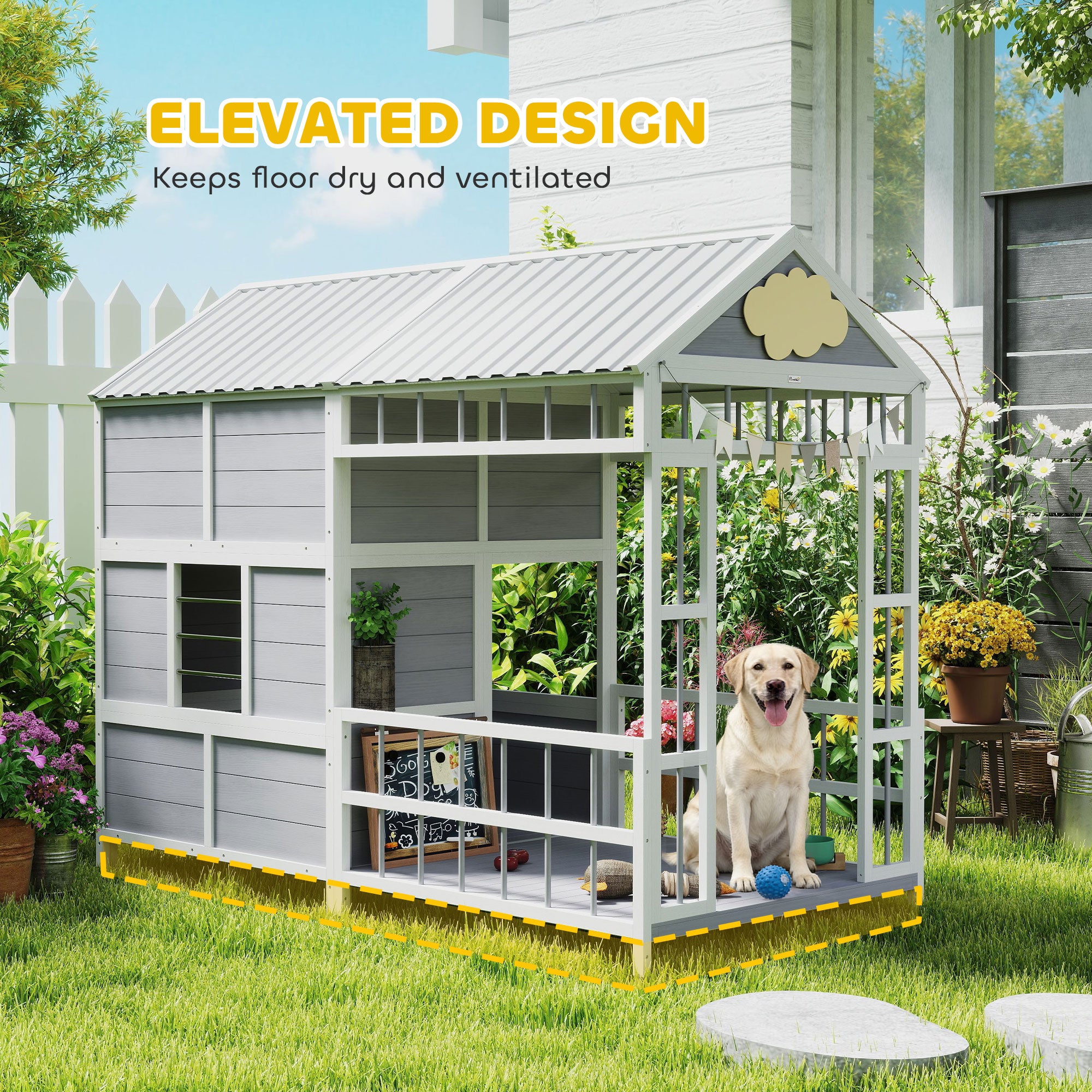 Large Outdoor Wooden Dog House with Porch Storage Cabinet & Windows