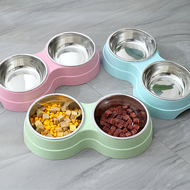 Double Pet Bowls Stainless Steel Dog & Cat Food Water Feeder | Anti-Slip Durable Feeding Bowl Set