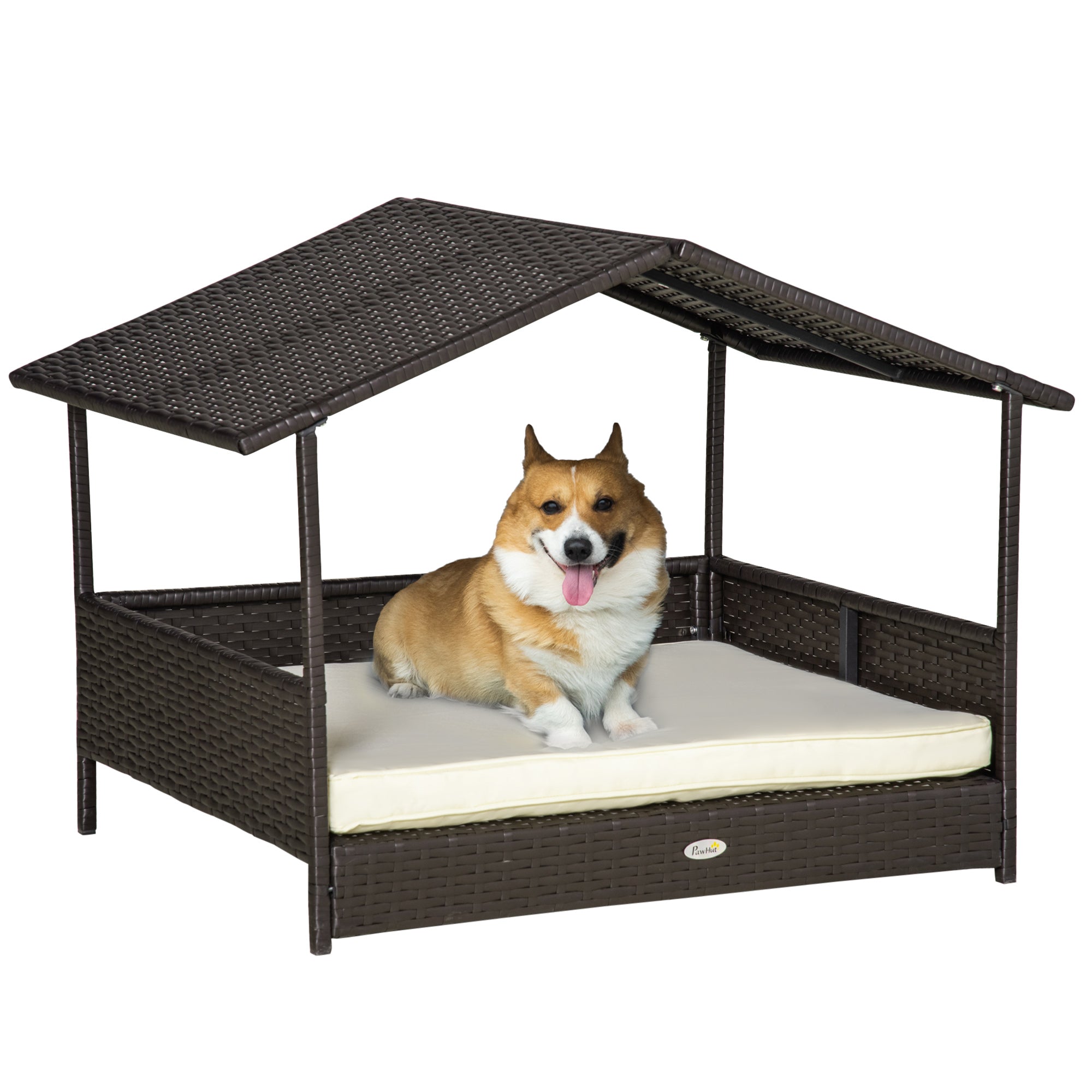 Wicker Dog Bed Outdoor Elevated Rattan Pet Bed with Canopy & Cushion