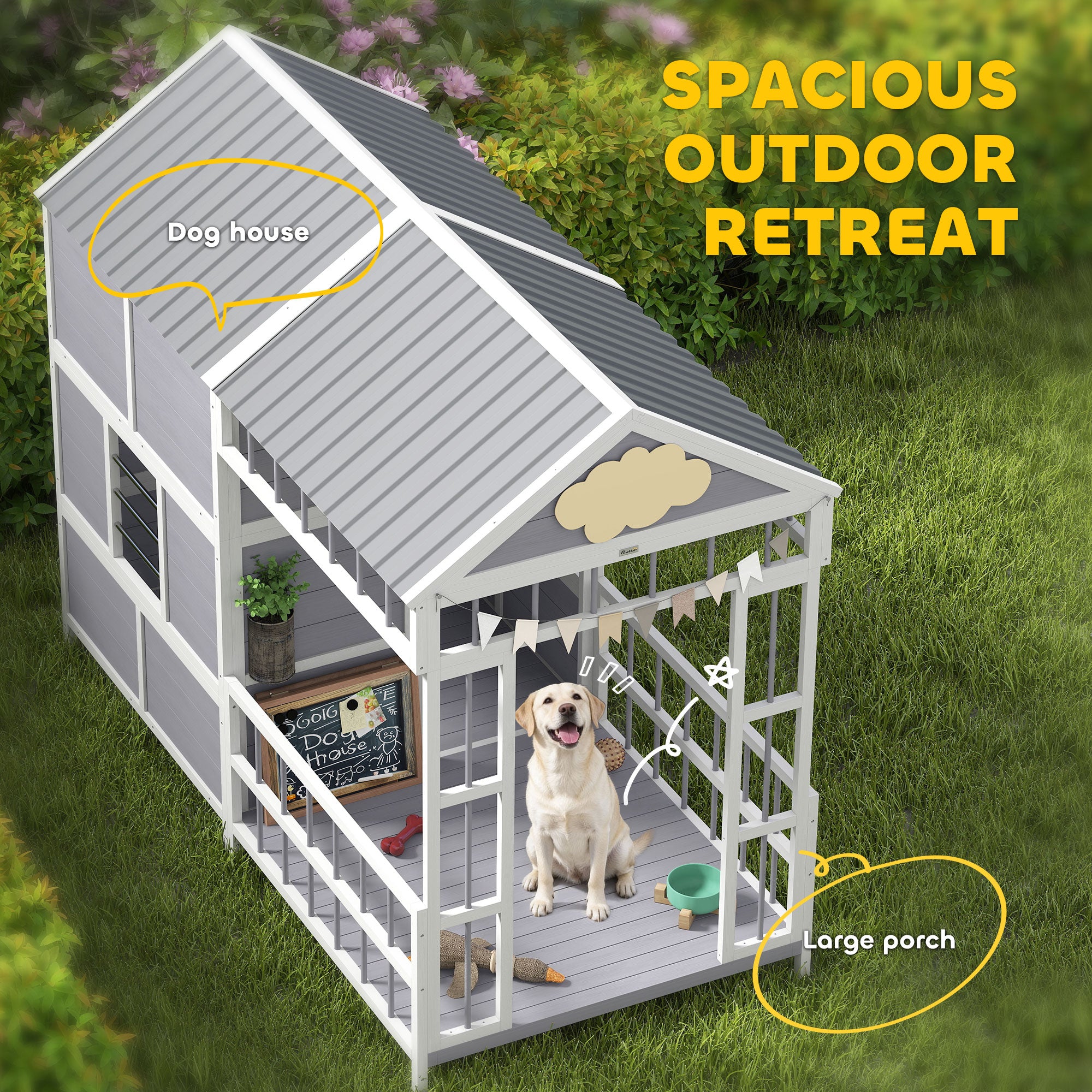 Large Outdoor Wooden Dog House with Porch Storage Cabinet & Windows