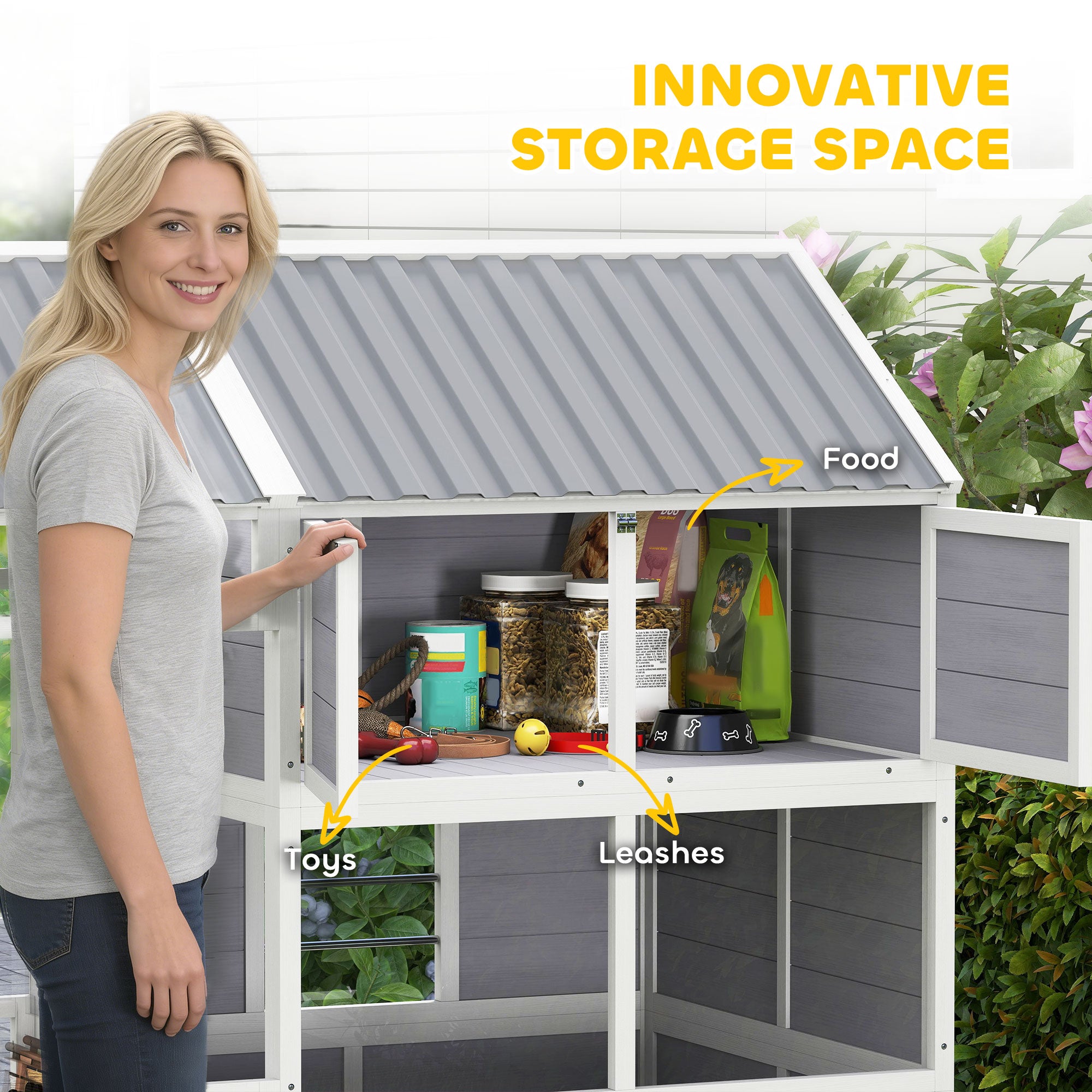 Large Outdoor Wooden Dog House with Porch Storage Cabinet & Windows
