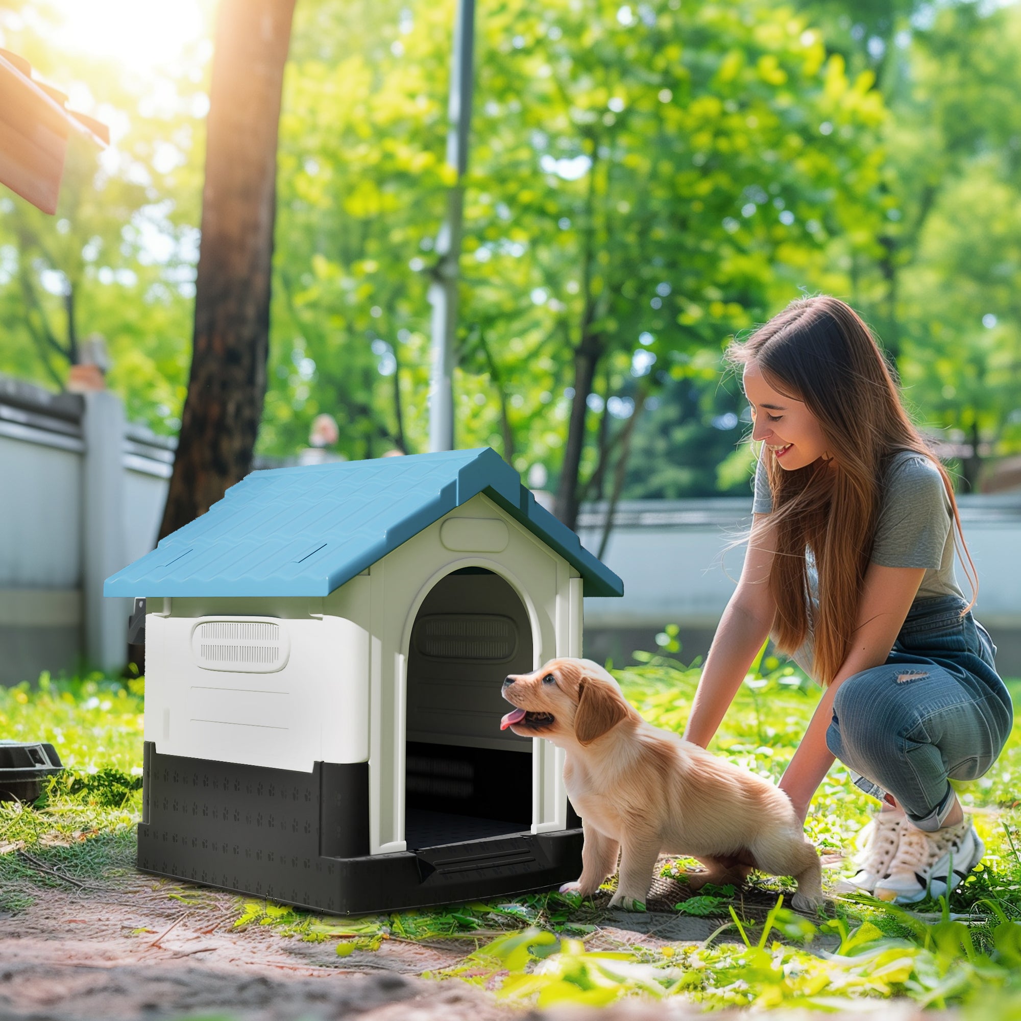 Durable Dog Kennel House Outdoor Waterproof Pet Shelter Design, 64.5 X 57 X 66cm