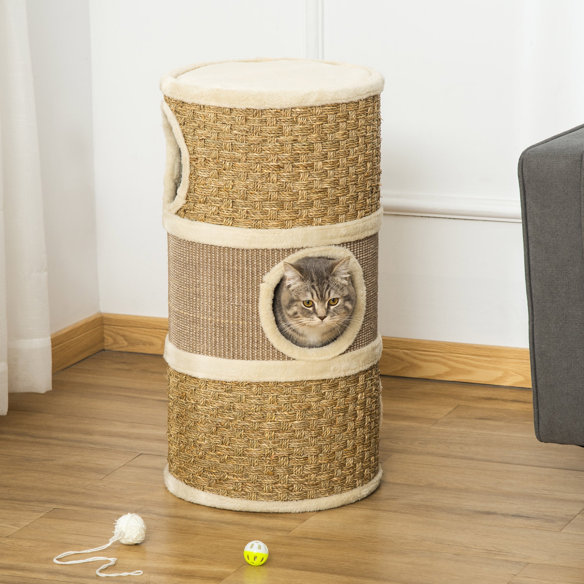 Cat Scratching Barrel Tower Indoor Sisal Cat Tree with Plush Platform
