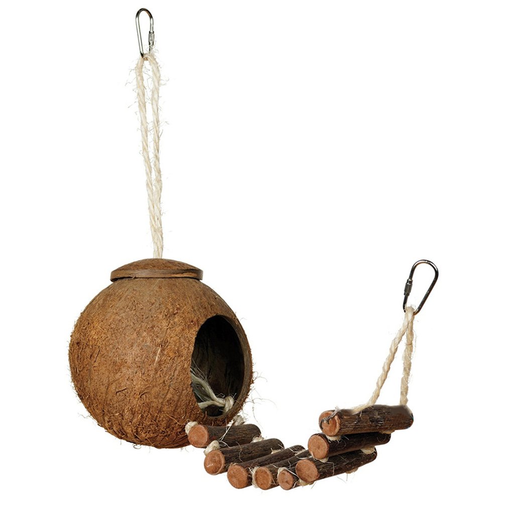 Natural Coconut Shell Bird Nest with Ladder | Hanging House for Parakeet, Budgie & Lovebird